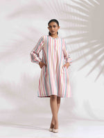 Thumbnail for trueBrowns Off-White Cotton Multi Stripe Short Dress