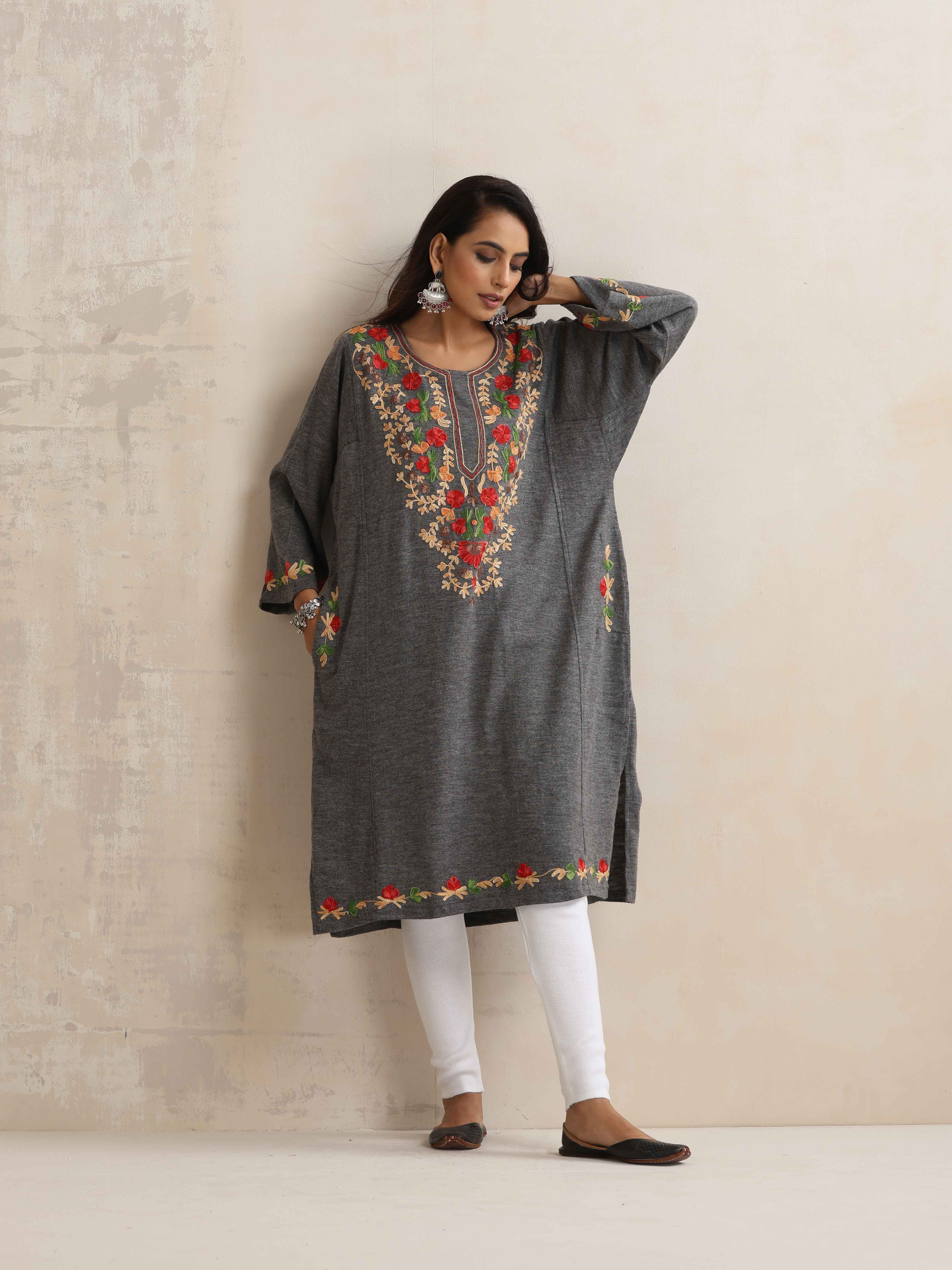 trueBrowns Grey Kashmiri Embroidered Woollen Phiran Kurta - Distacart