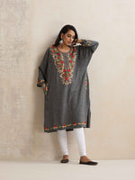 Thumbnail for trueBrowns Grey Kashmiri Embroidered Woollen Phiran Kurta - Distacart