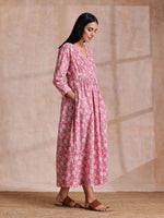 Thumbnail for trueBrowns Pink Overall Floral Block Print Cotton Wrap Dress - Distacart