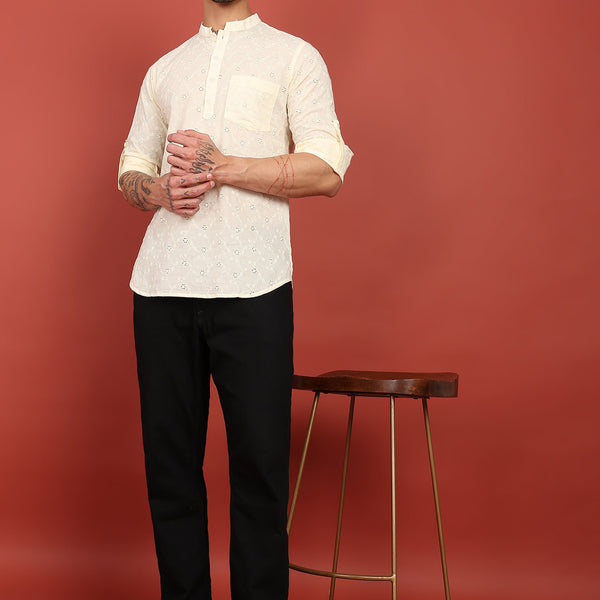 Fabmade Ivory Bloom Embroidered Short Kurta - Distacart