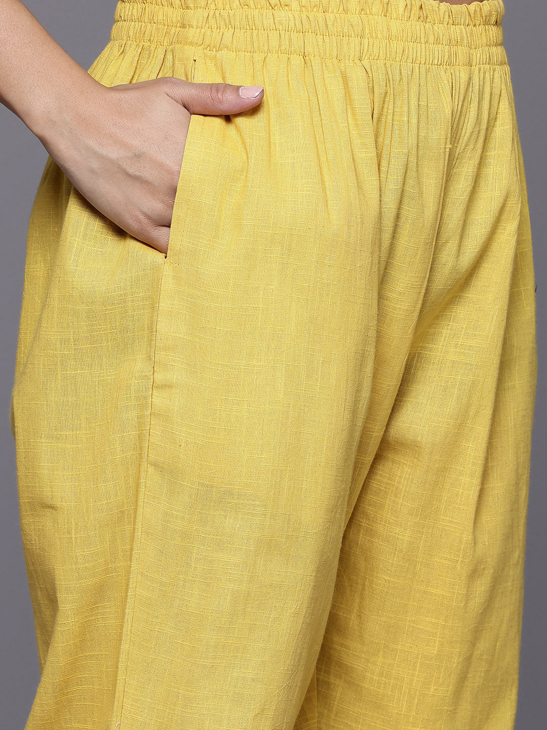 Varanga Women Mustard Woven Design Round Neck, Three Quarter Sleeves Paired With Tonal Bottom And Dupatta - Distacart