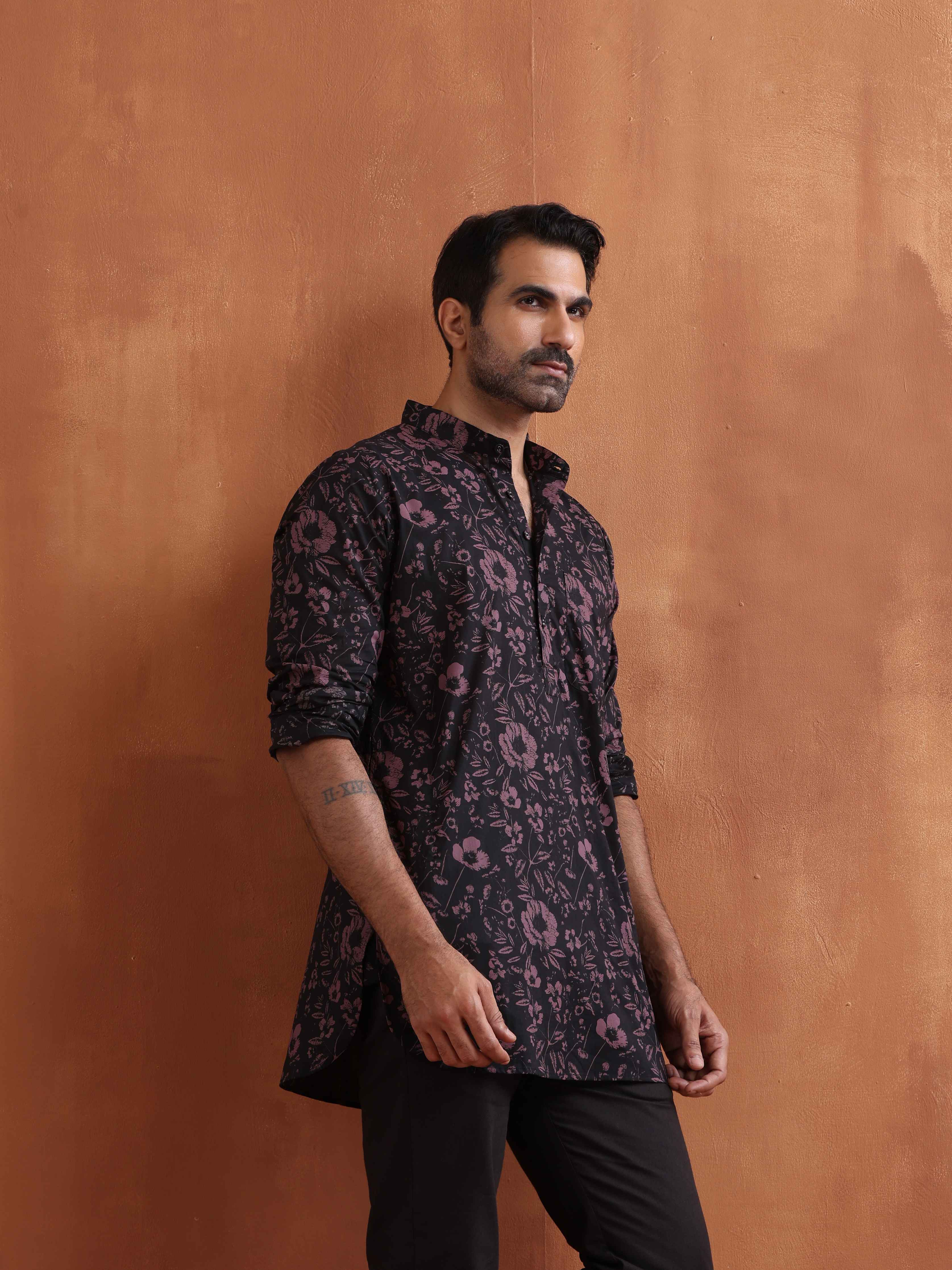 trueBrowns Men's Black Floral Printed Short Kurta - Distacart