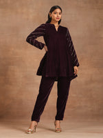 Thumbnail for trueBrowns Wine Velvet Sleeve Embroidered Co-ord Set - Distacart