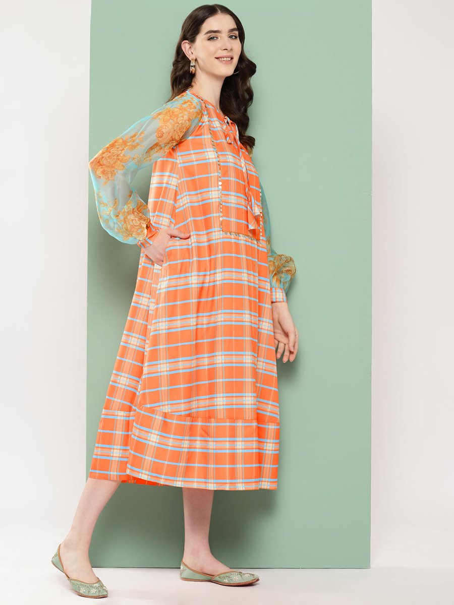 Ahalyaa Checked Tie-Up Neck Sequined Ethnic A-Line Midi Dress - Distacart