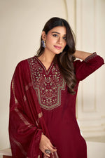 Thumbnail for BulBul Ruhani Solid Maroon & Golden Embroidered Roman Silk Salwar Suit