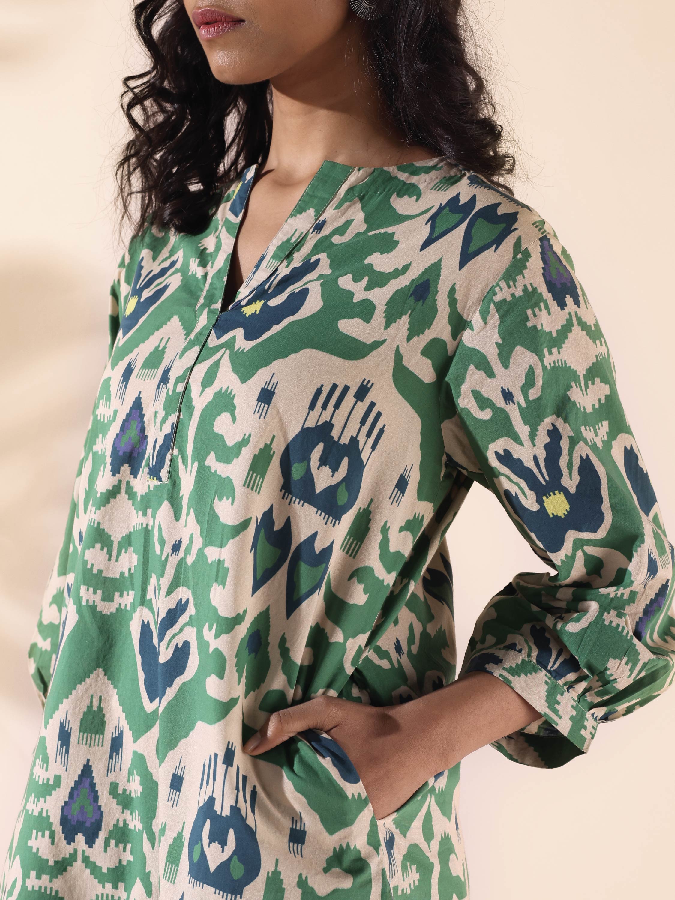 trueBrowns Green Cotton Ikat Relaxed Co-ord Set - Distacart
