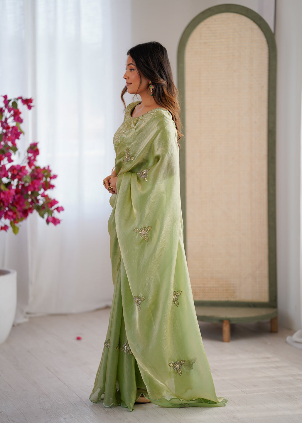 Evanik Designer Heavy Fendy Satin With Beads Embroidered Work Saree With Unstitched Blouse