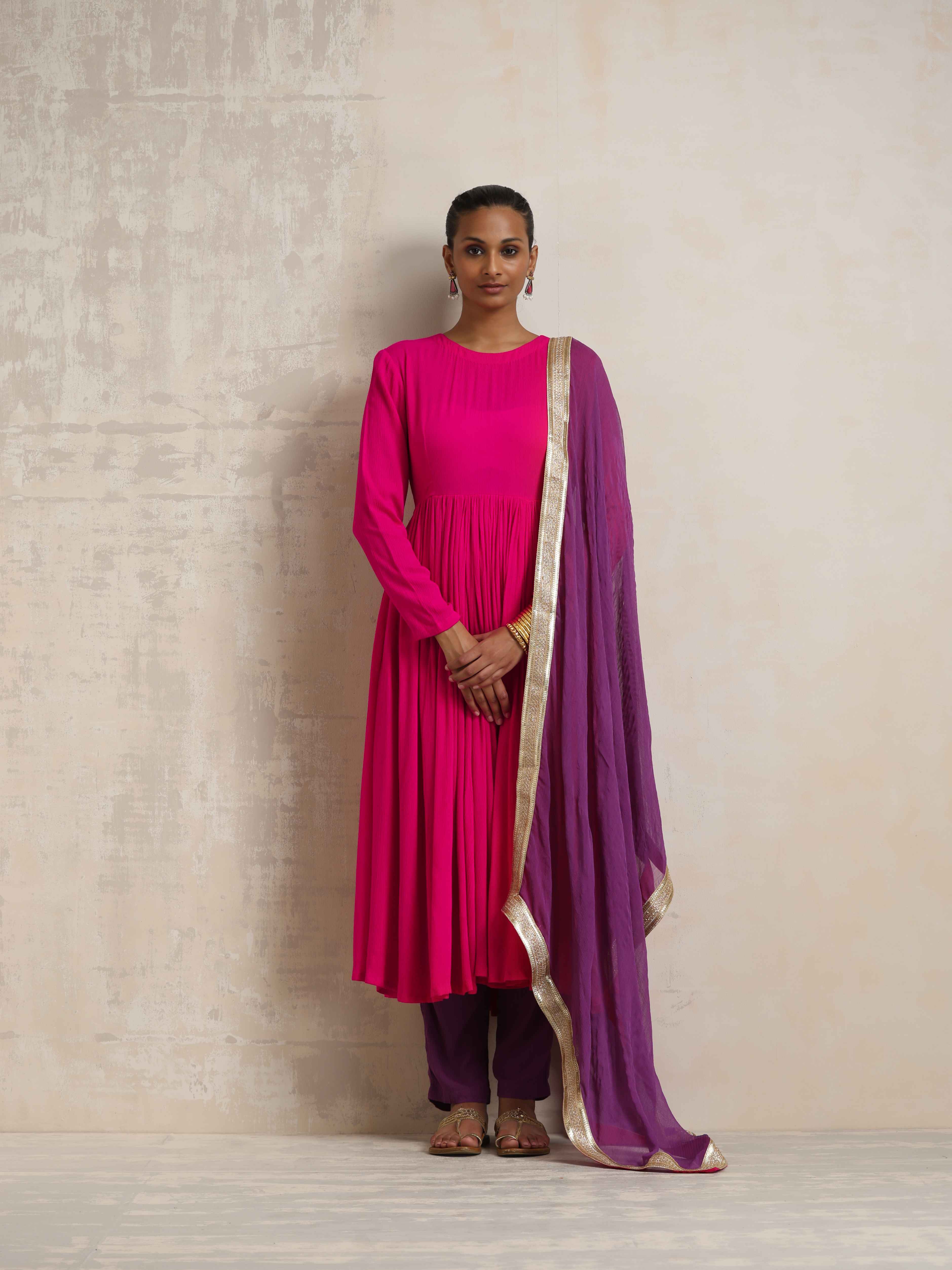 trueBrowns Pink Crinkle Anarkali Kurta Pant Dupatta Set - Distacart