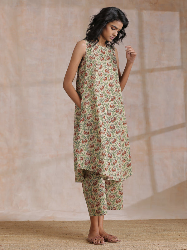 trueBrowns Beige Overall Brown Floral Block Print Cotton High-Low Co-Ord Set - Distacart