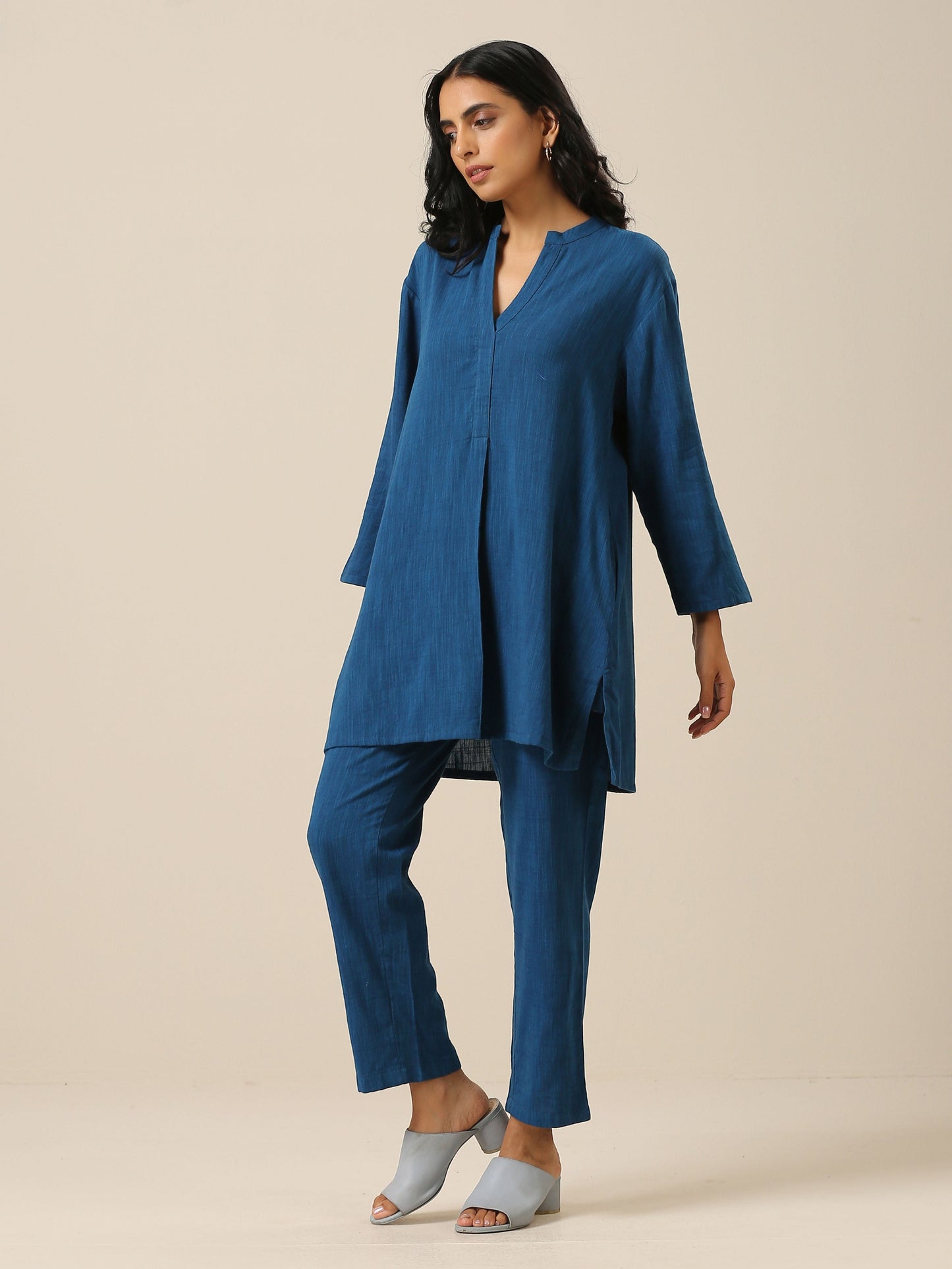 trueBrowns Classic Blue Slub Texture Relax Fit Co-Ord Set - Distacart