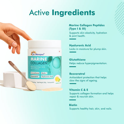 Dr. Morepan Marine Collagen Powder with Glutathione, Hyaluronic Acid, Resveratrol & Biotin Lemon Lime Flavour - Distacart
