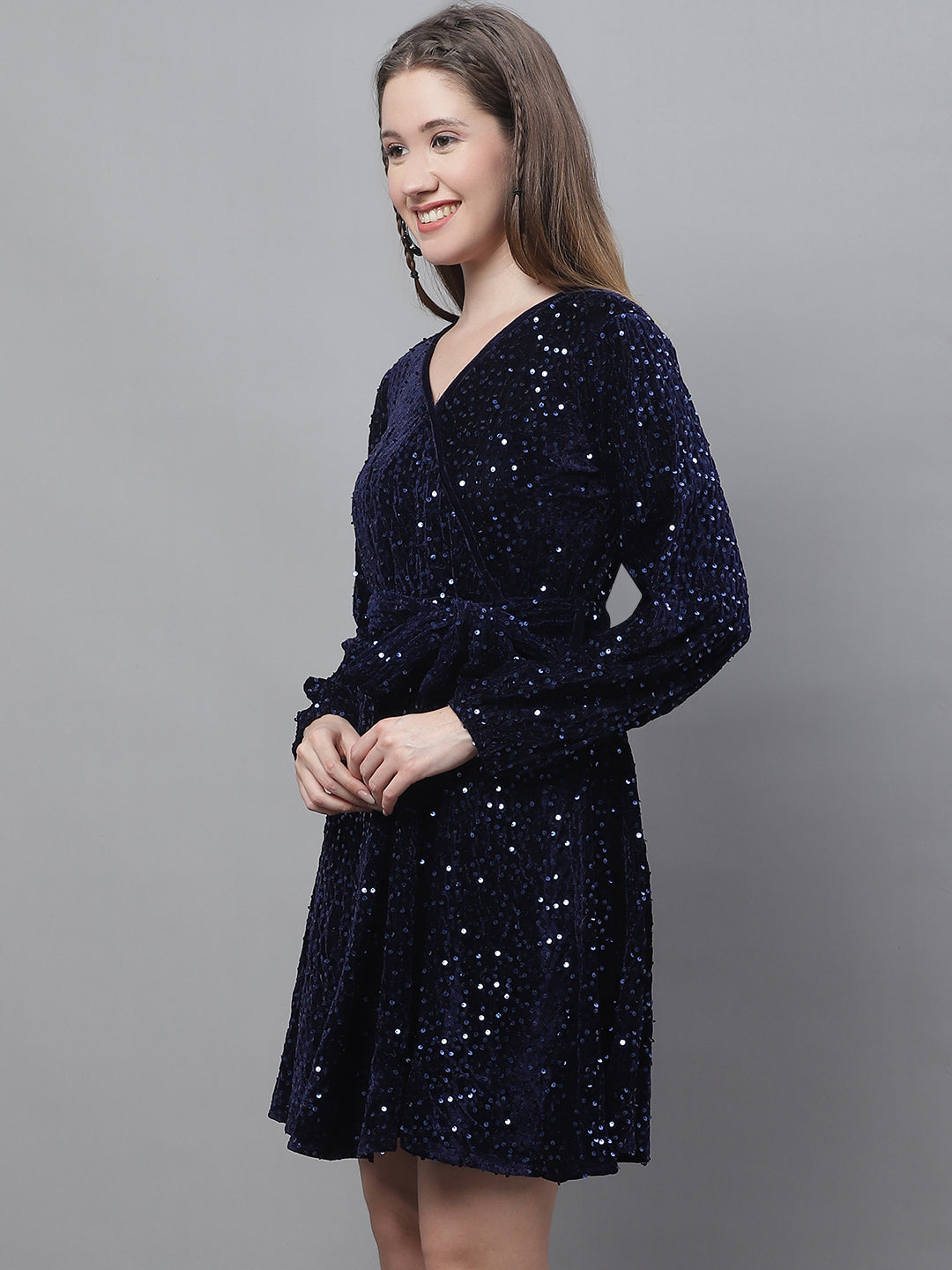 Jainish Women's WoSequin Velvet A-line dress - Navy Blue - Distacart