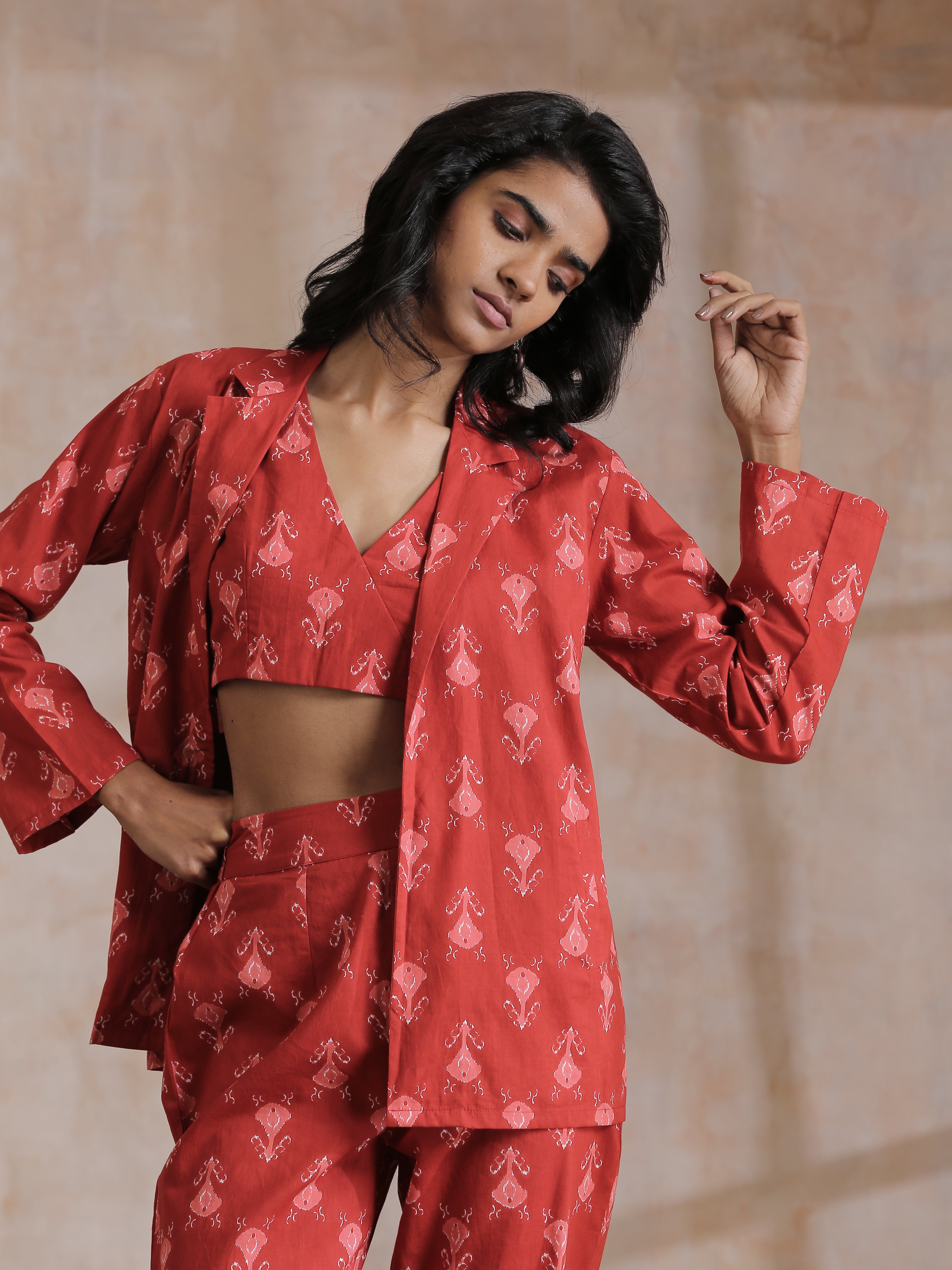 trueBrowns Red On Red Ikat Print Cotton Pant Suit Set - Distacart