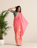 Thumbnail for trueBrowns Pink Lime Muslin Ikat Saree