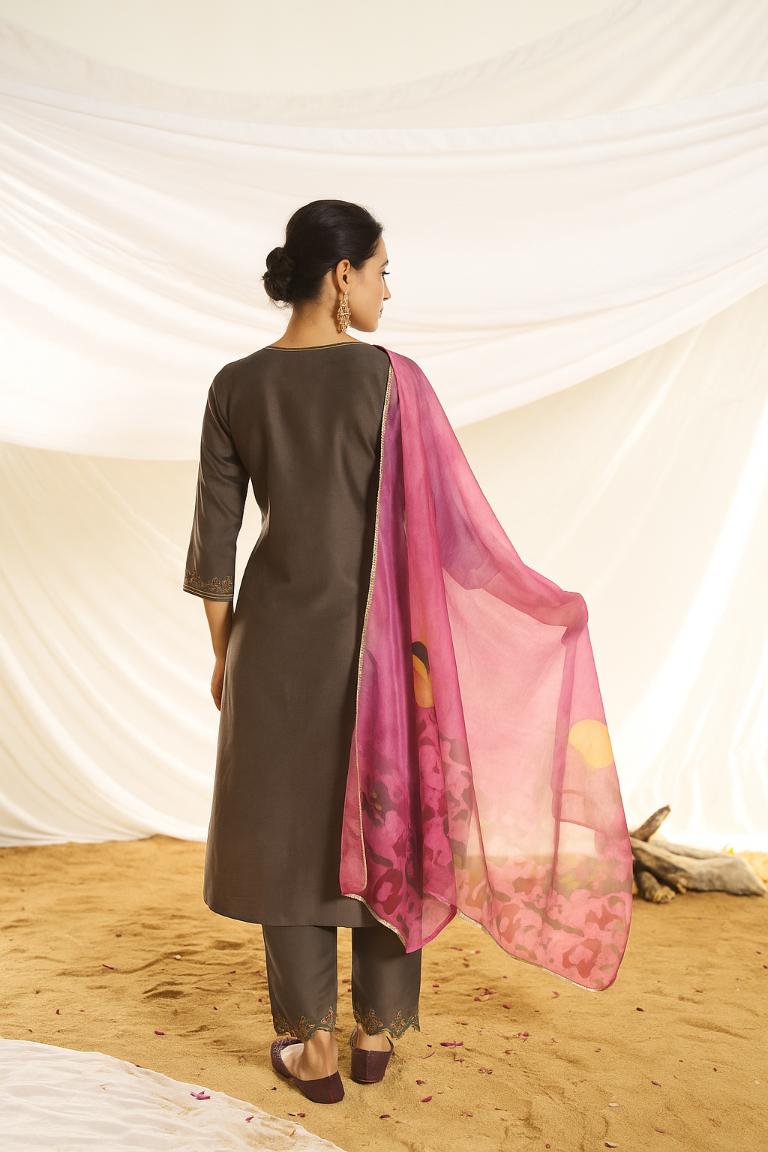 BulBul Women Brown Embroidered Premium Silk Straight-Shoulder Cut Suit With Dupatta