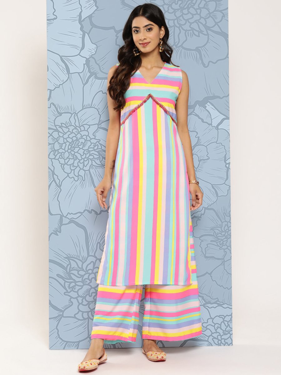 Ahalyaa Striped Empire Gotta Patti Kurta With Palazzos - Distacart