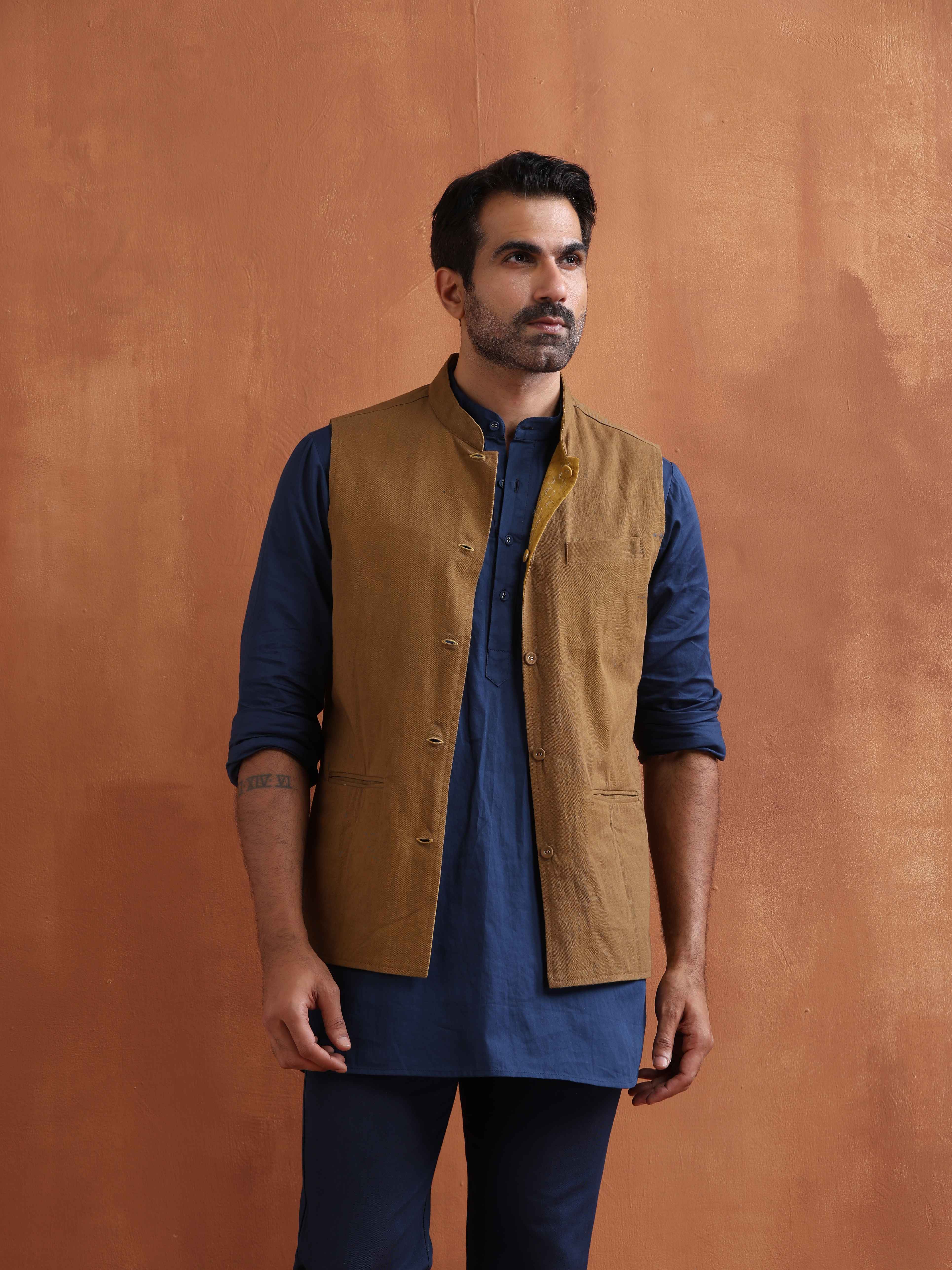trueBrowns Men's Mustard Cotton Dobby Reversible Nehru Jacket