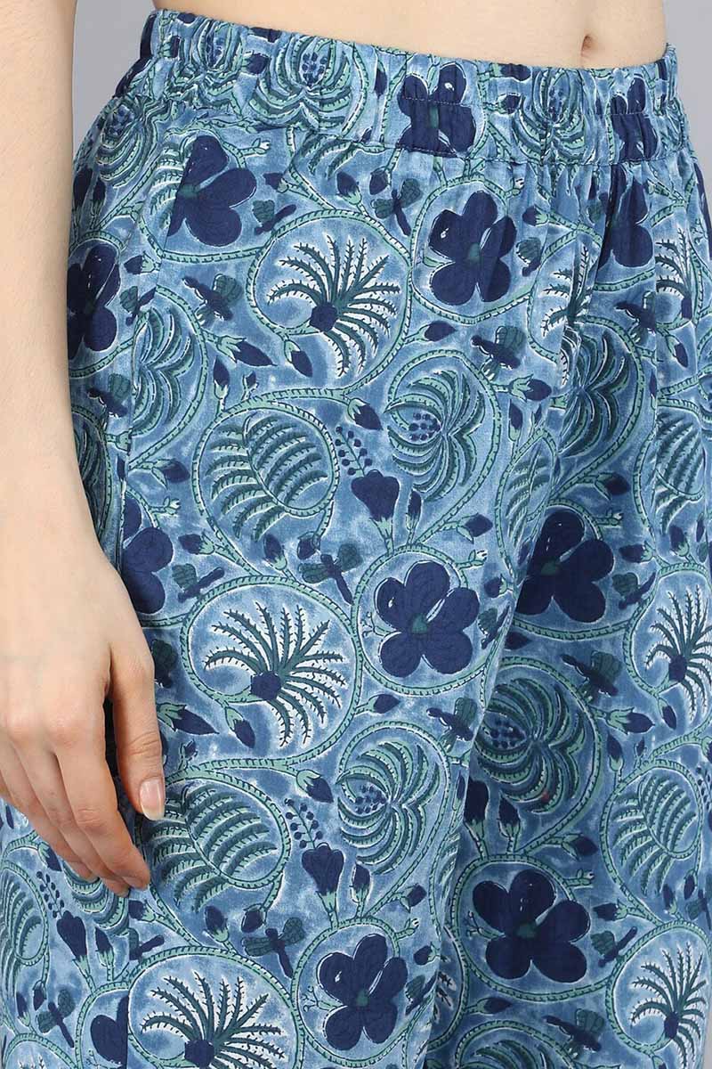 Ahika Blue Pure Cotton Straight Kurta Pant With Dupatta