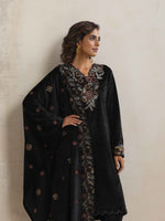 Thumbnail for trueBrowns Black Velvet Floral Embroidered Kurta Pant Dupatta Set