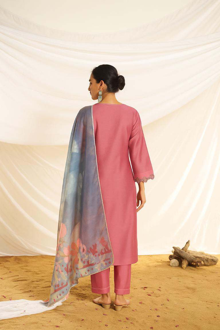 BulBul Women Dusty Pink Embroidered Premium Silk Straight-Shoulder Cut Suit With Dupatta