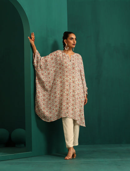 trueBrowns Off White Circle Floral Muslin Silk Printed Kaftan Pant Set - Distacart