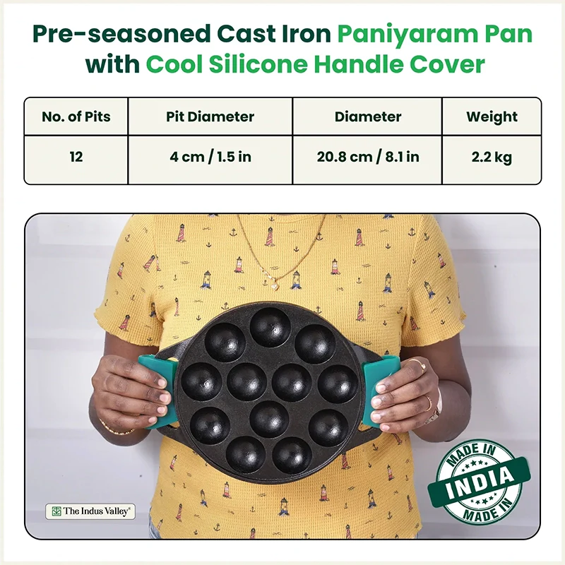 The Indus Valley 12 Pit/Cup CASTrong Cast Iron Paniyaram/Appe Pan, Pre-seasoned, with Double Handle Silicone Grip,Toxin-free, 20.8 cm, 2.2 kg