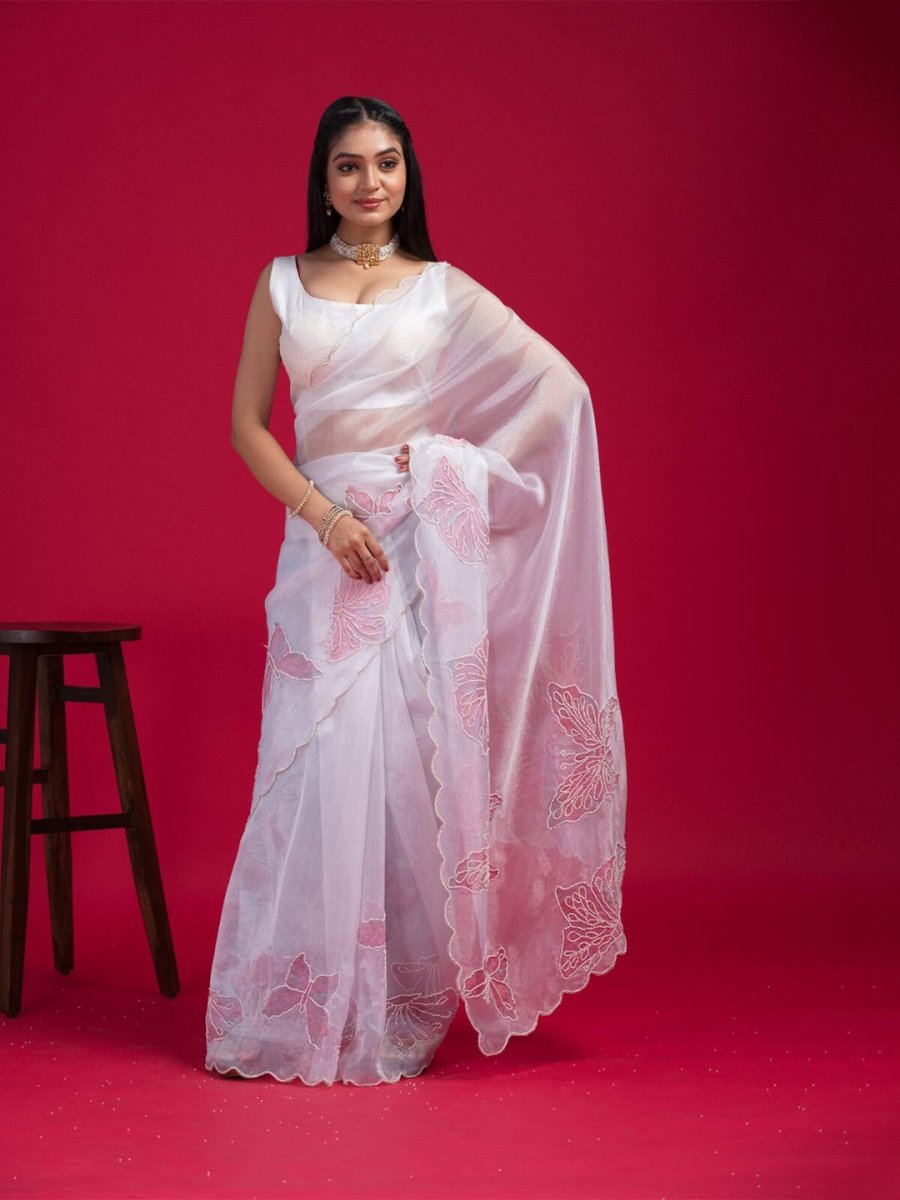 Anouk White Embellished Beads & Stones Organza Saree - Distacart