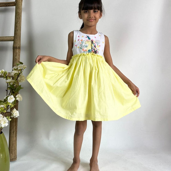 ArthLife White And Yellow Unicorn Embroidered Dress - Distacart