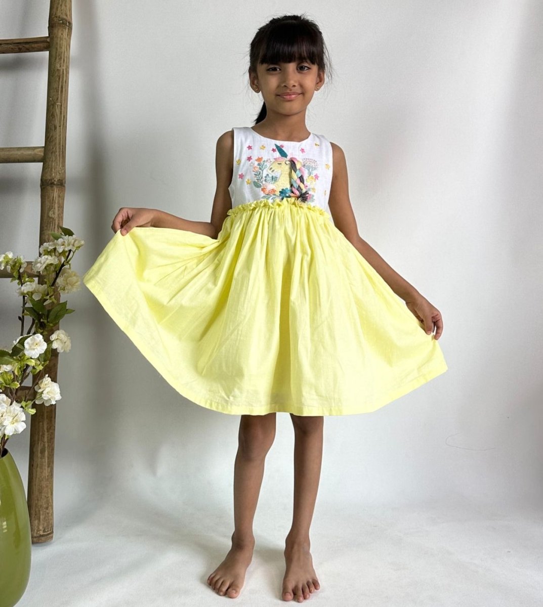 ArthLife White And Yellow Unicorn Embroidered Dress - Distacart