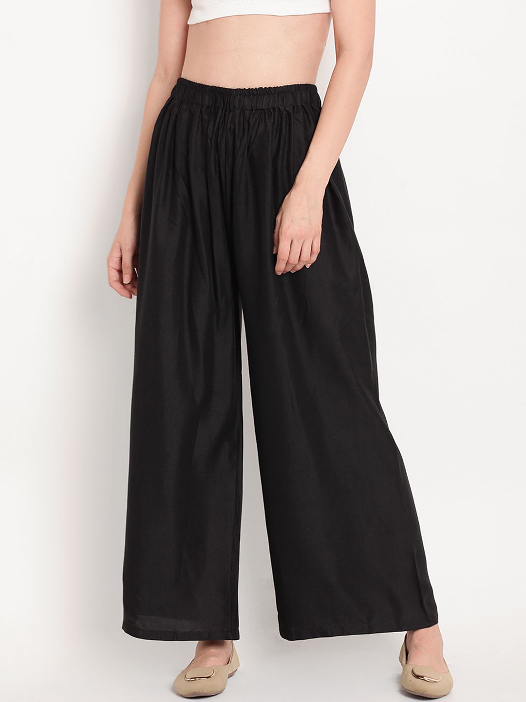 TAG 7 Women Black Solid Flared Palazzos - Distacart