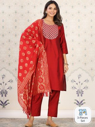 Ode by House of Pataudi Floral Embroidered Sequined Straight Kurta & Trousers With Dupatta - Distacart
