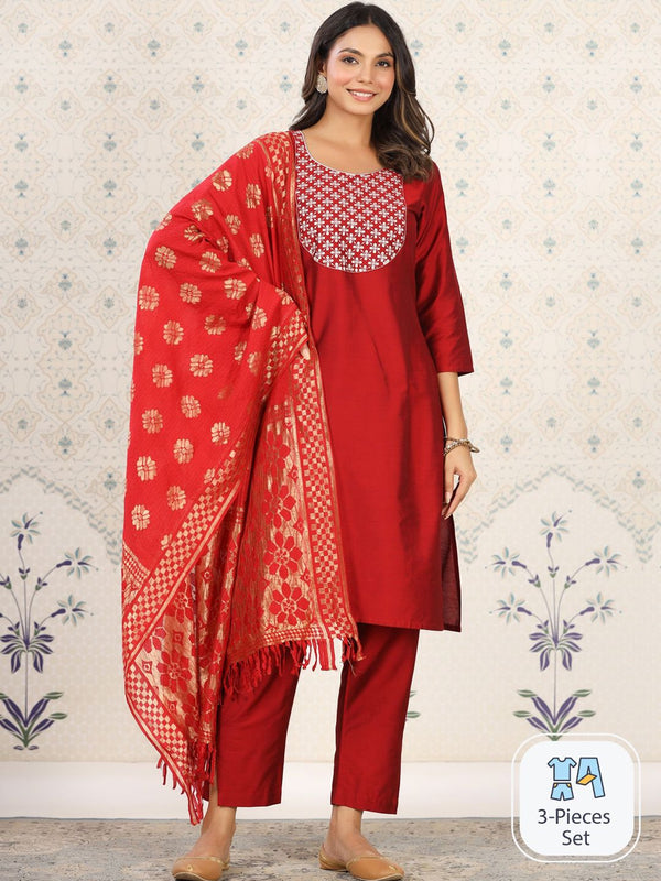 Ode by House of Pataudi Floral Embroidered Sequined Straight Kurta & Trousers With Dupatta - Distacart