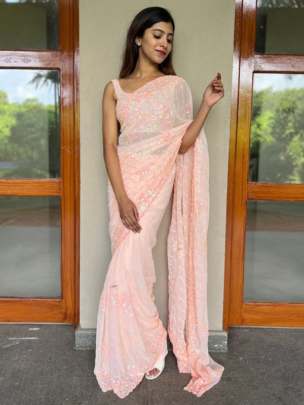 Anouk Peach-Coloured Floral Embellished Sequinned Pure Georgette Saree - Distacart