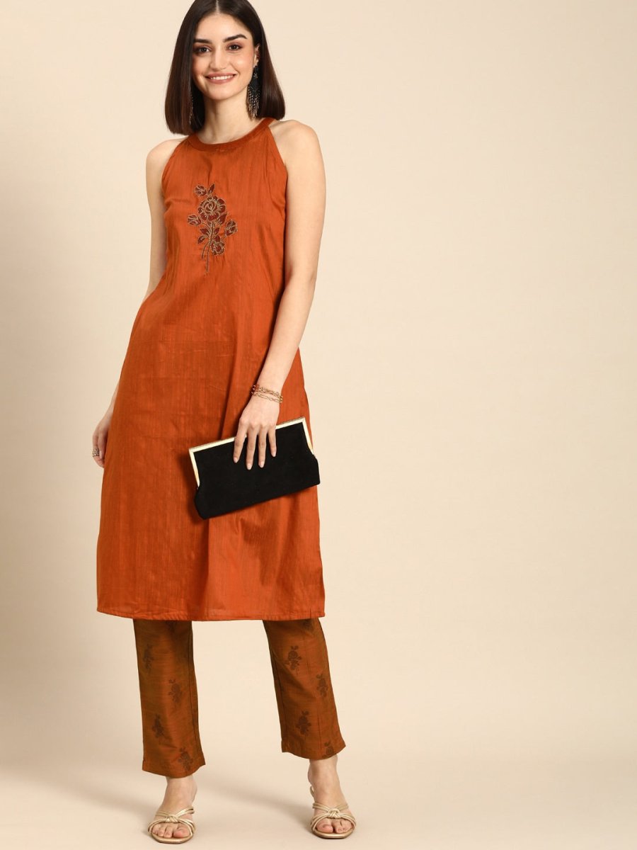 All About You Women Orange Floral Print Embroidered Regular Kurta with Trousers - Distacart
