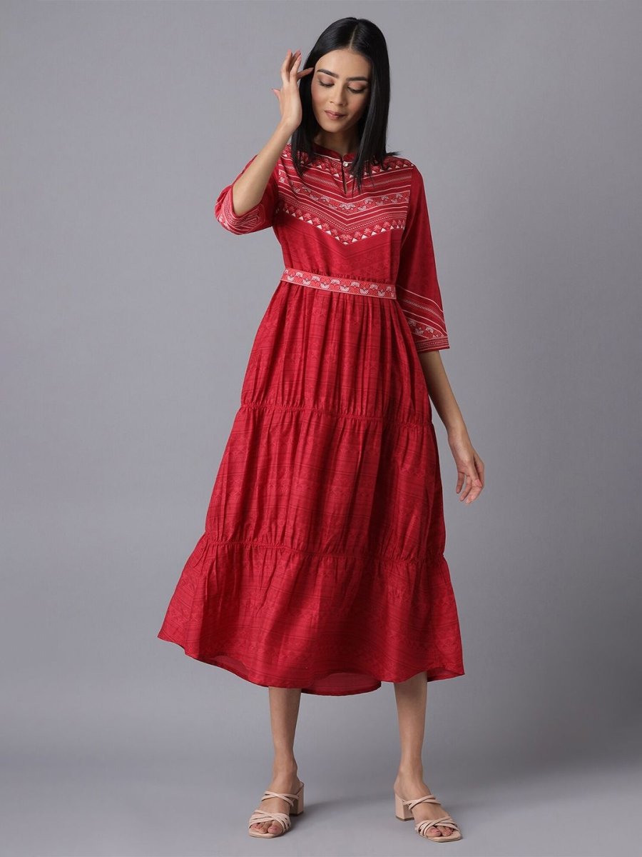 AURELIA Red Ethnic Motifs Tiered Midi Dress - Distacart