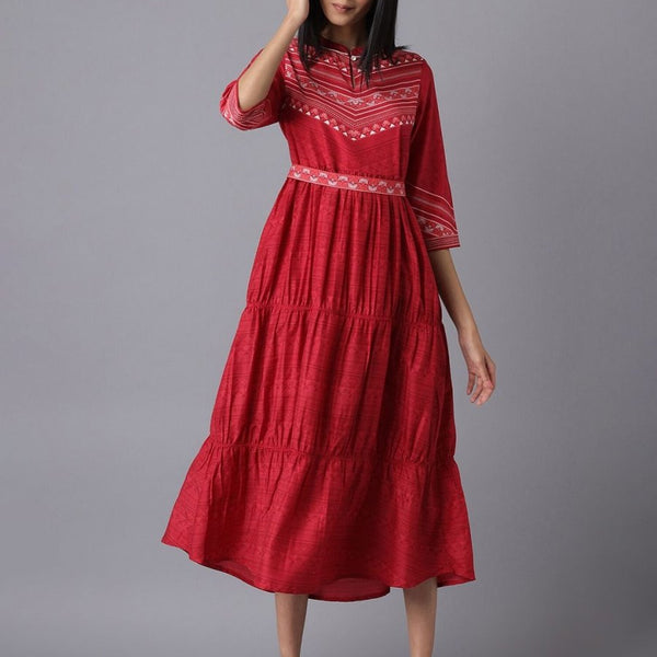 AURELIA Red Ethnic Motifs Tiered Midi Dress - Distacart