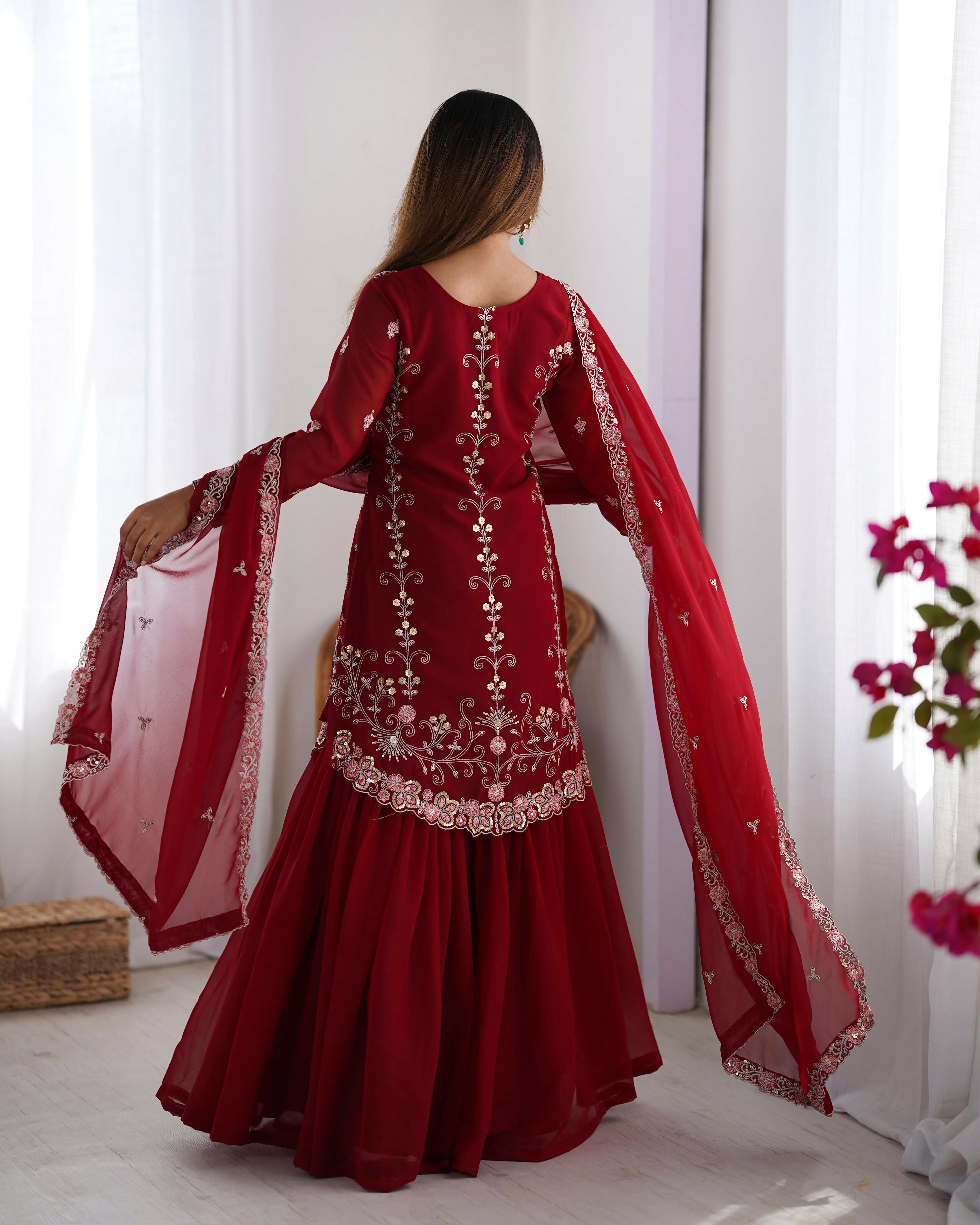 Joban Fashion red Sharara Georgette Thread with Sequins work