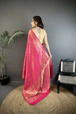 Thumbnail for Joban Fashion Pink Floral Motifs & Ethnic Design Soft Satin Silk Kanchipuram Saree - Distacart