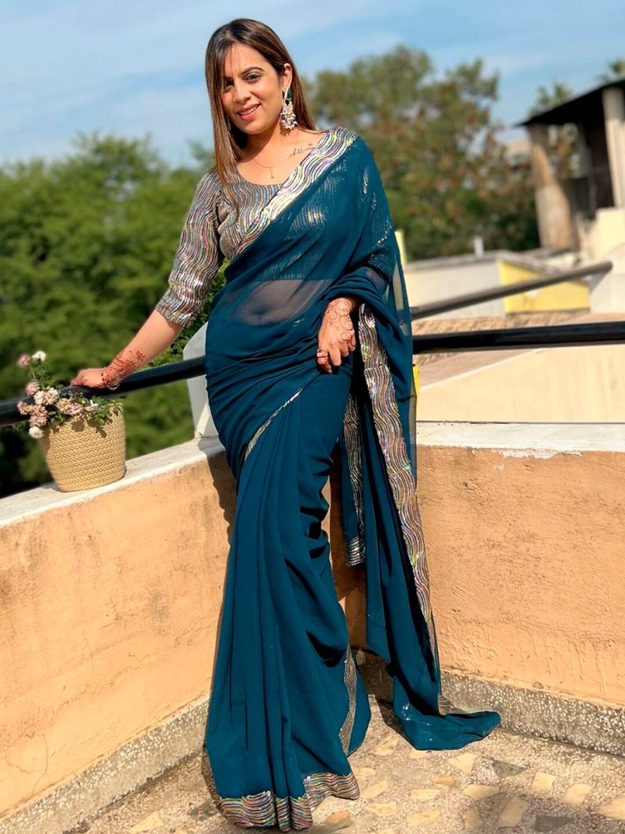 Anouk Teal Blue Sequinned Pure Georgette Saree - Distacart