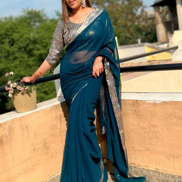 Anouk Teal Blue Sequinned Pure Georgette Saree - Distacart