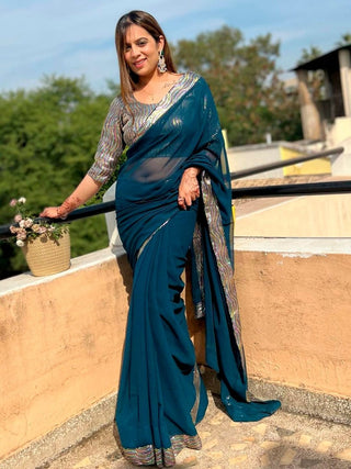 Anouk Teal Blue Sequinned Pure Georgette Saree - Distacart