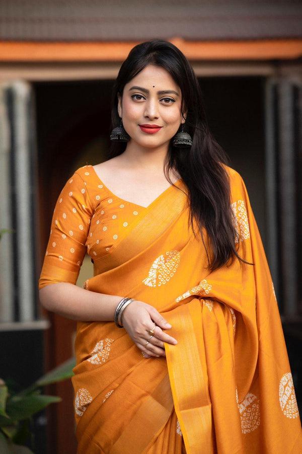 Mustard Cotton Crepe Batik Print Saree with Unstitched Blouse - Hiral Fashion - Distacart