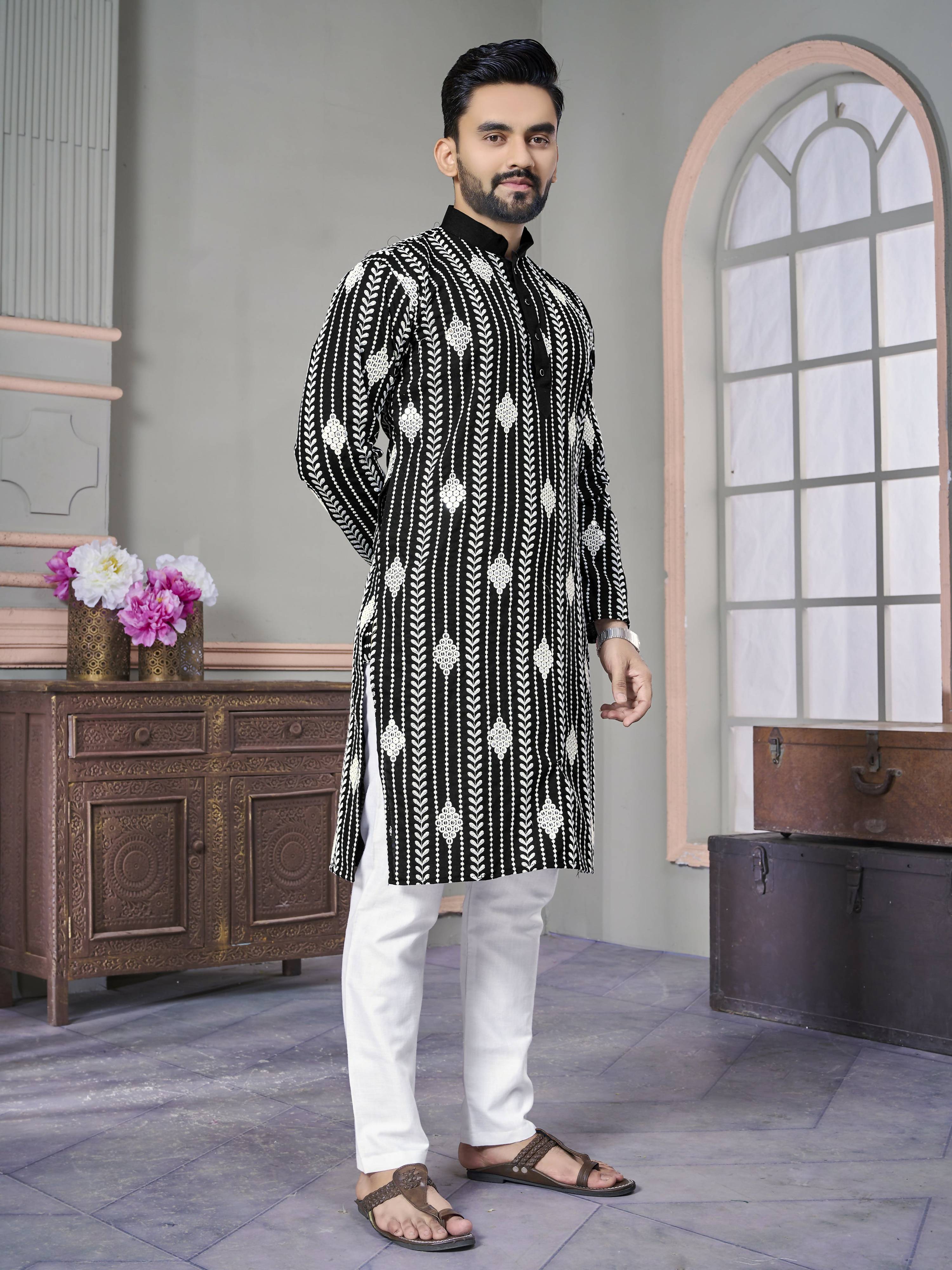 Black Men Kurta Set Embroidered with Sequins Work by Infinity Export - Distacart