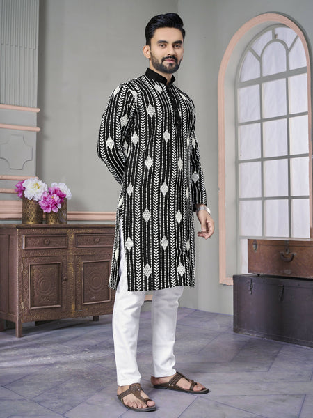 Black Men Kurta Set Embroidered with Sequins Work by Infinity Export - Distacart