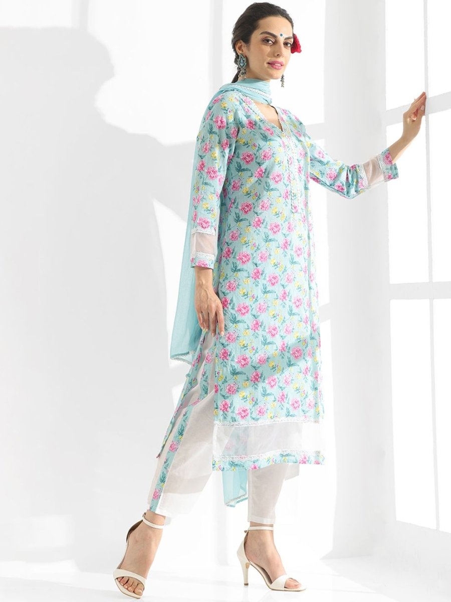 Anouk Floral Printed Regular Kantha Work Pure Cotton Kurta With Trousers & Dupatta
