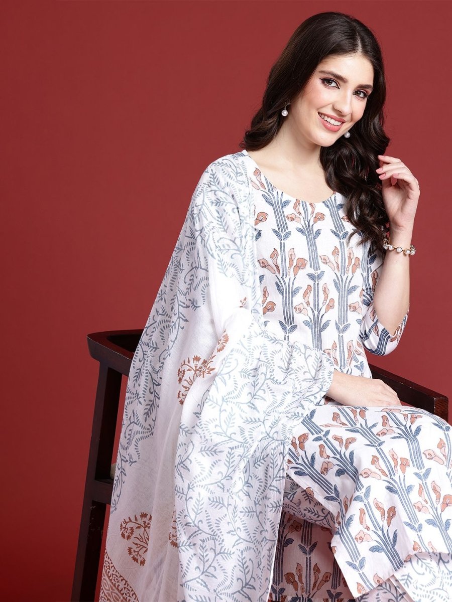 Anouk Women Floral Printed Regular Pure Cotton Kurta with Trousers & With Dupatta - Distacart