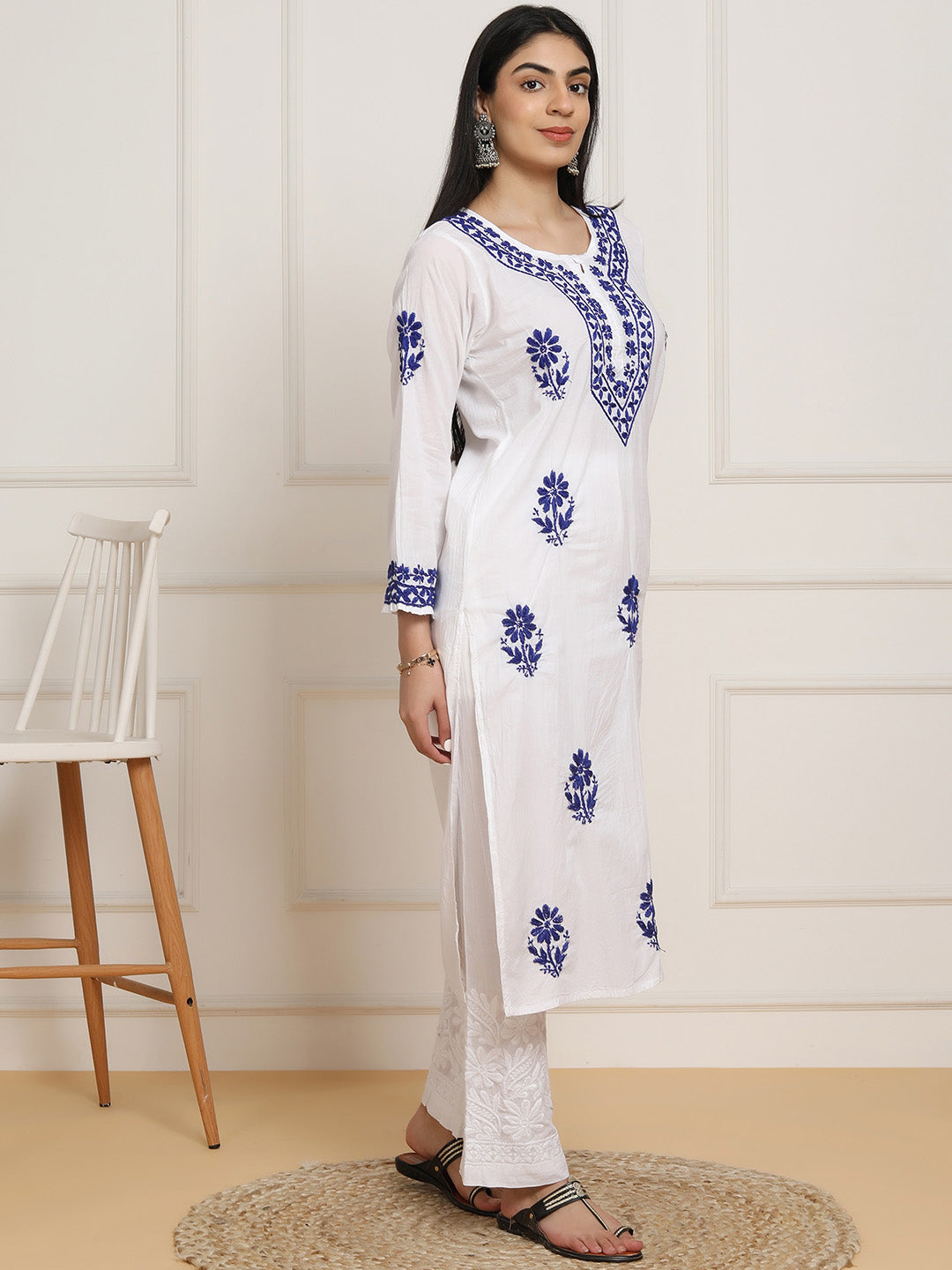 HOUSE OF KARI Women Ethnic Motifs Embroidered Regular Chikankari Pure Cotton Kurta with Trousers - Distacart