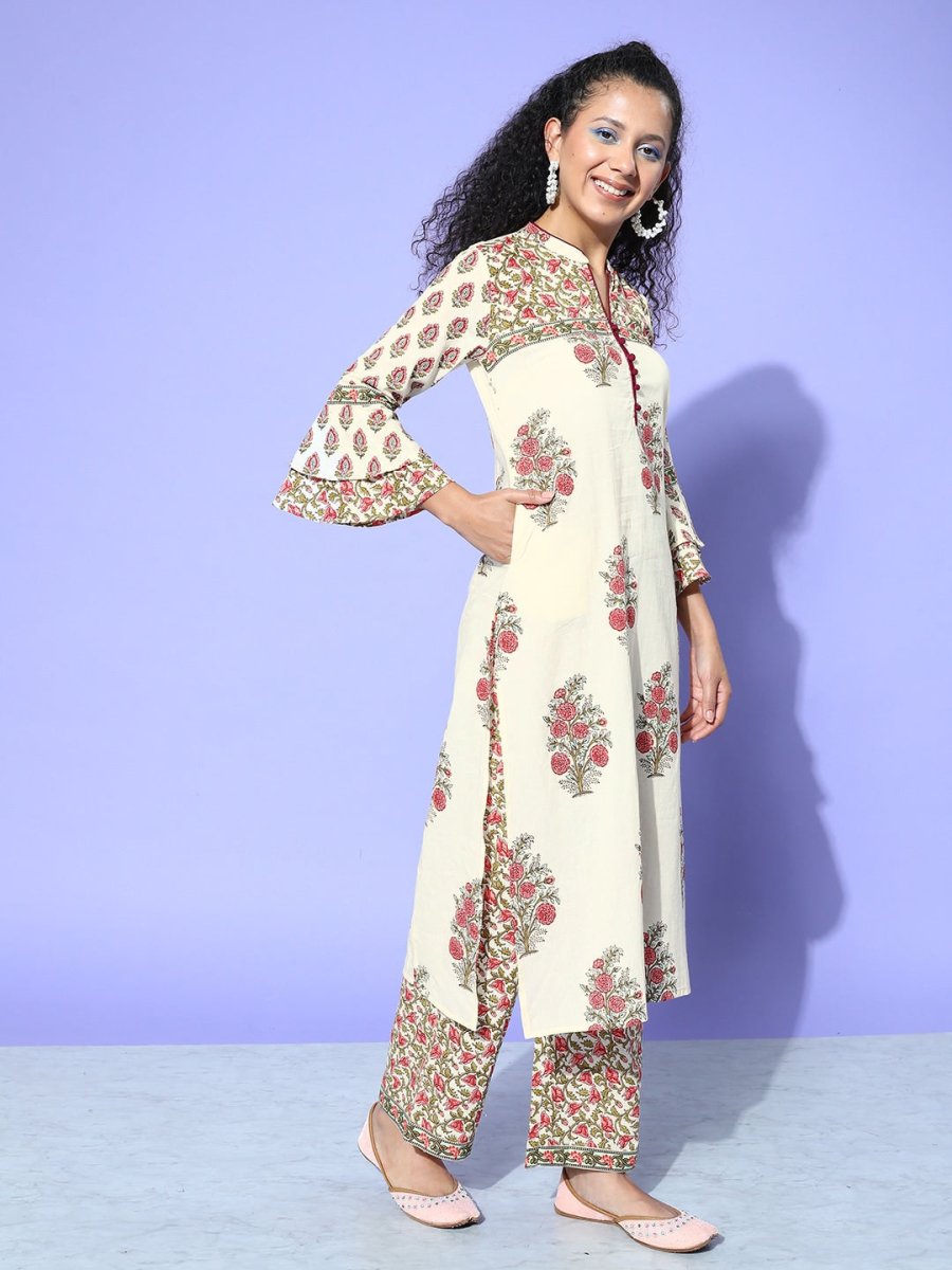 All About You Cream-Coloured Floral Printed Pure Cotton Kurta With Trousers - Distacart