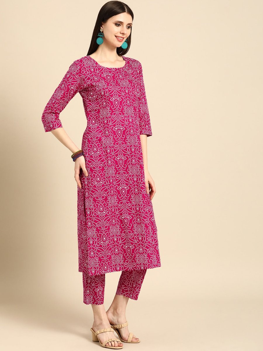 Anouk Women Pink & White Bandhani Printed Pure Cotton Kurta with Trousers - Distacart